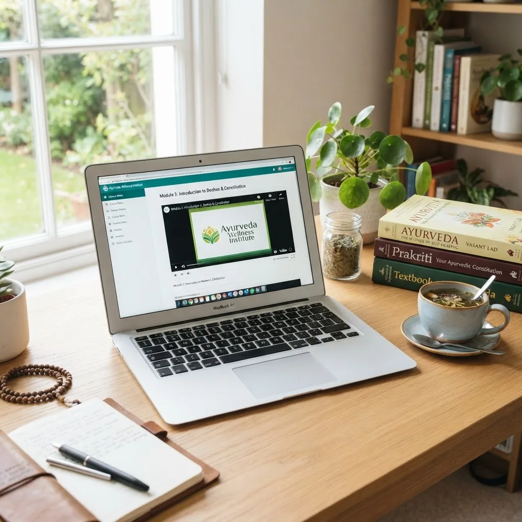 A clean modern workspace showing a laptop with an online Ayurveda certification course interface, books on Ayurveda, a cup of herbal tea,