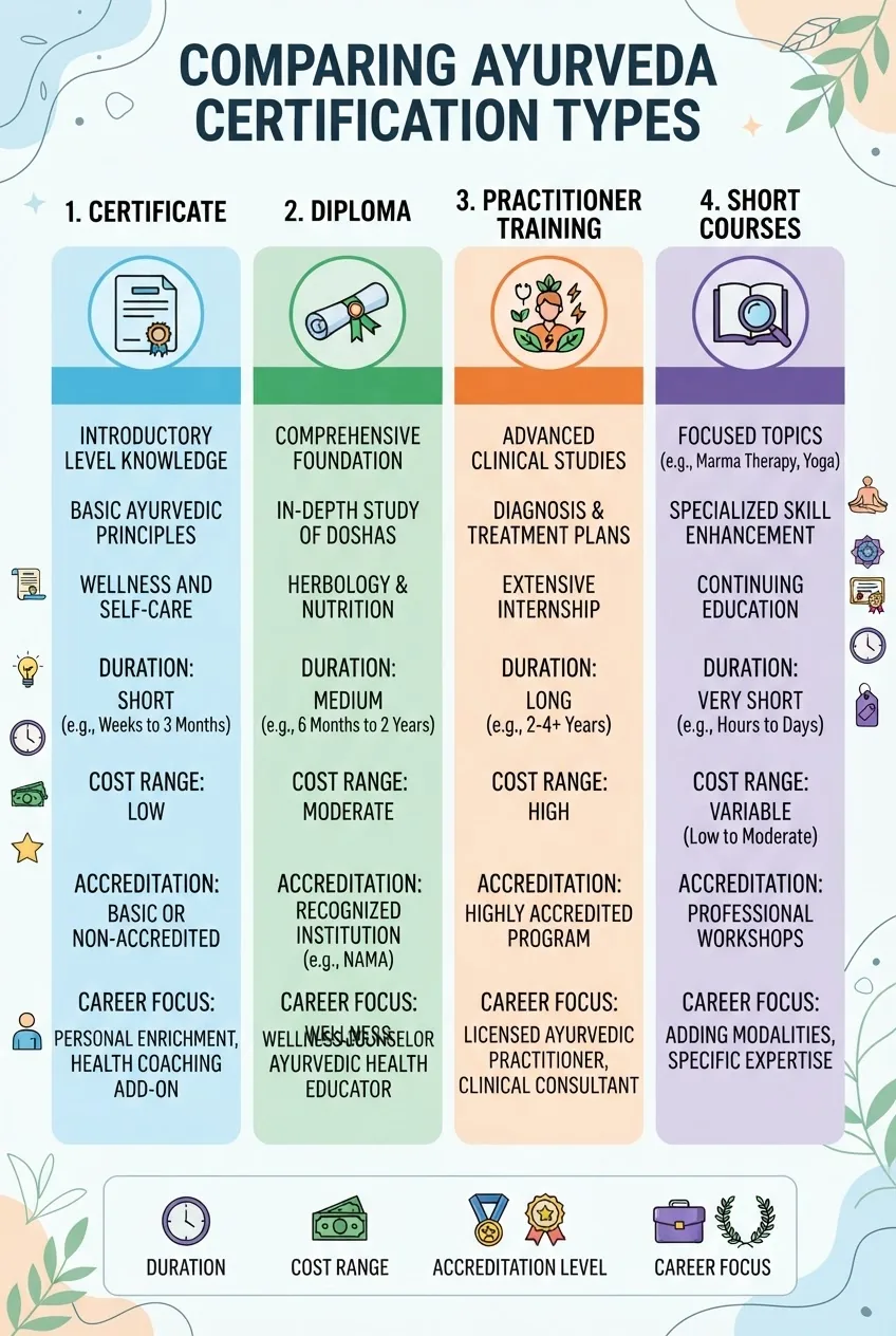 Infographic featuring four columns comparing Ayurveda certification types: Certificate, Diploma, Practitioner Training, Short Courses; each