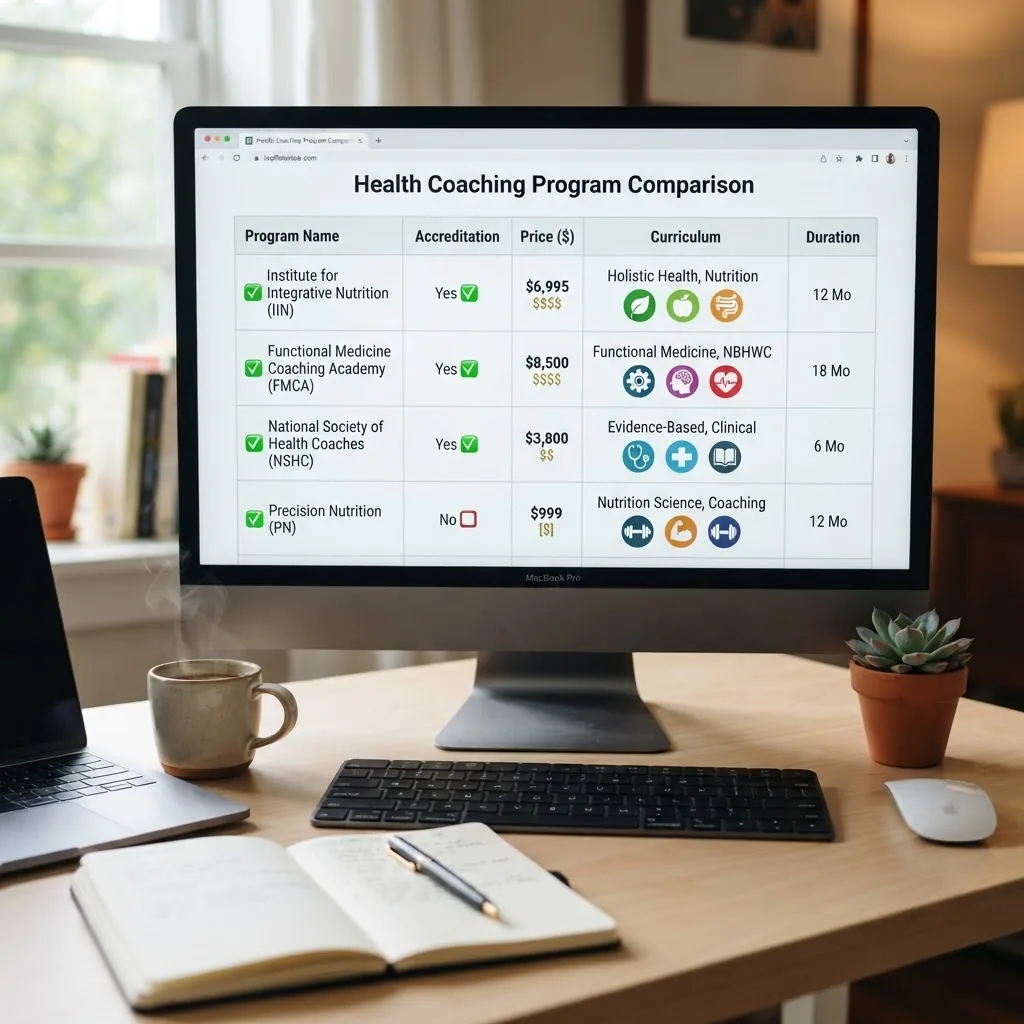 A close-up of a comparison checklist on a computer screen showing multiple health coaching programs, with visual icons representing
