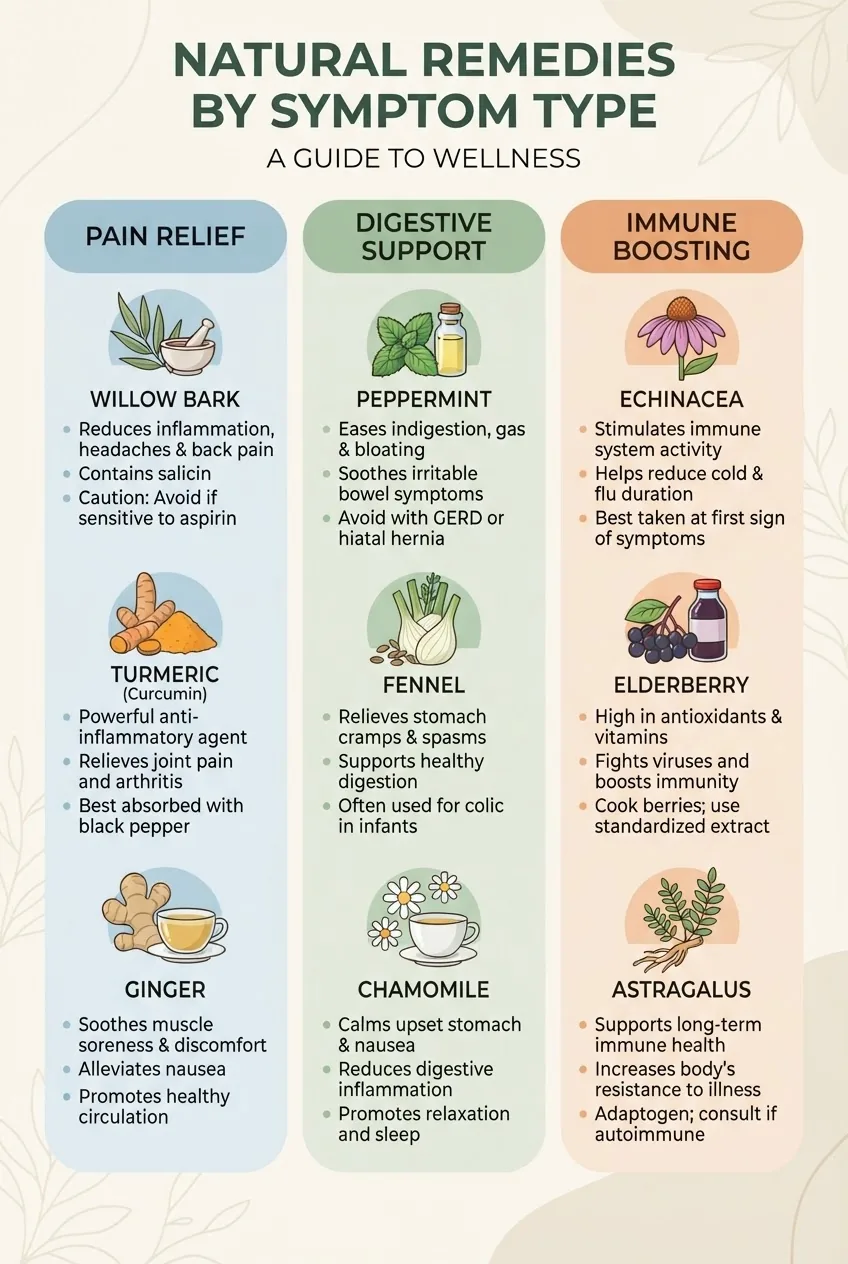 with a three-column layout categorizing natural remedies by symptom type: Pain Relief (with icons of willow bark, turmeric, ginger),