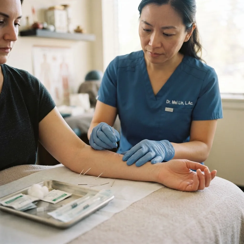 Close-up photo of a professional acupuncturist performing needle insertion on a patient’s arm at a bladder meridian point, showing sterile