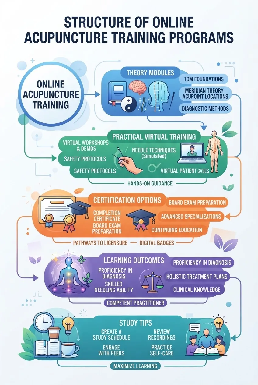 Infographic showing a flowchart-style breakdown of online acupuncture training: modules on theory, practical virtual training,