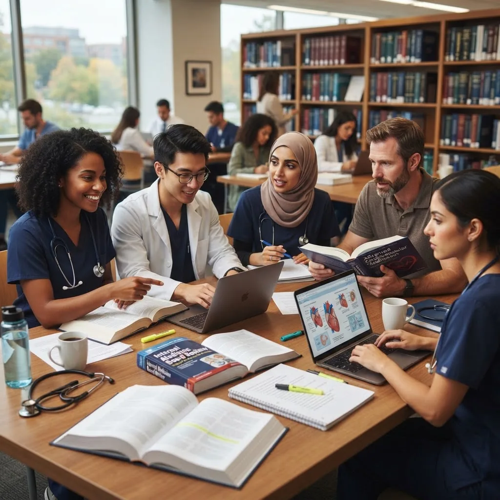 A diverse group of medical professionals studying together with books and laptops in a well-lit library or study room; focus on