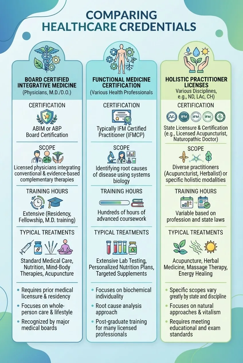 A three-column comparison infographic showing "Board Certified Integrative Medicine," "Functional Medicine Certification," and "Holistic