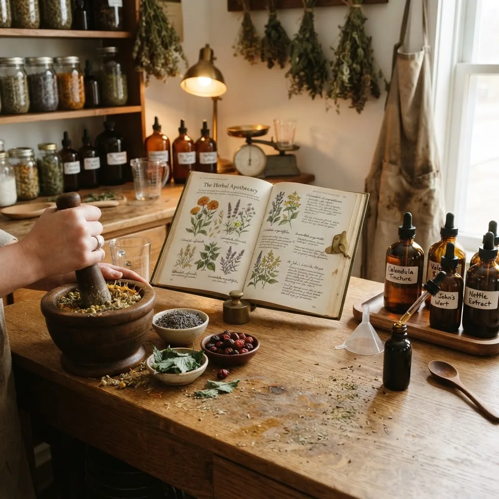 workspace scene showing herbal medicine preparation: dried herbs, mortar and pestle, herbal tincture bottles, and open herbalism textbook,