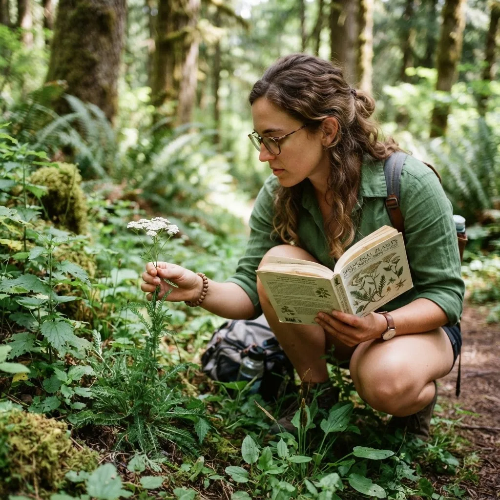 detailed close-up of a person in an outdoor setting, examining and identifying local medicinal plants with a botanical field guide in hand,