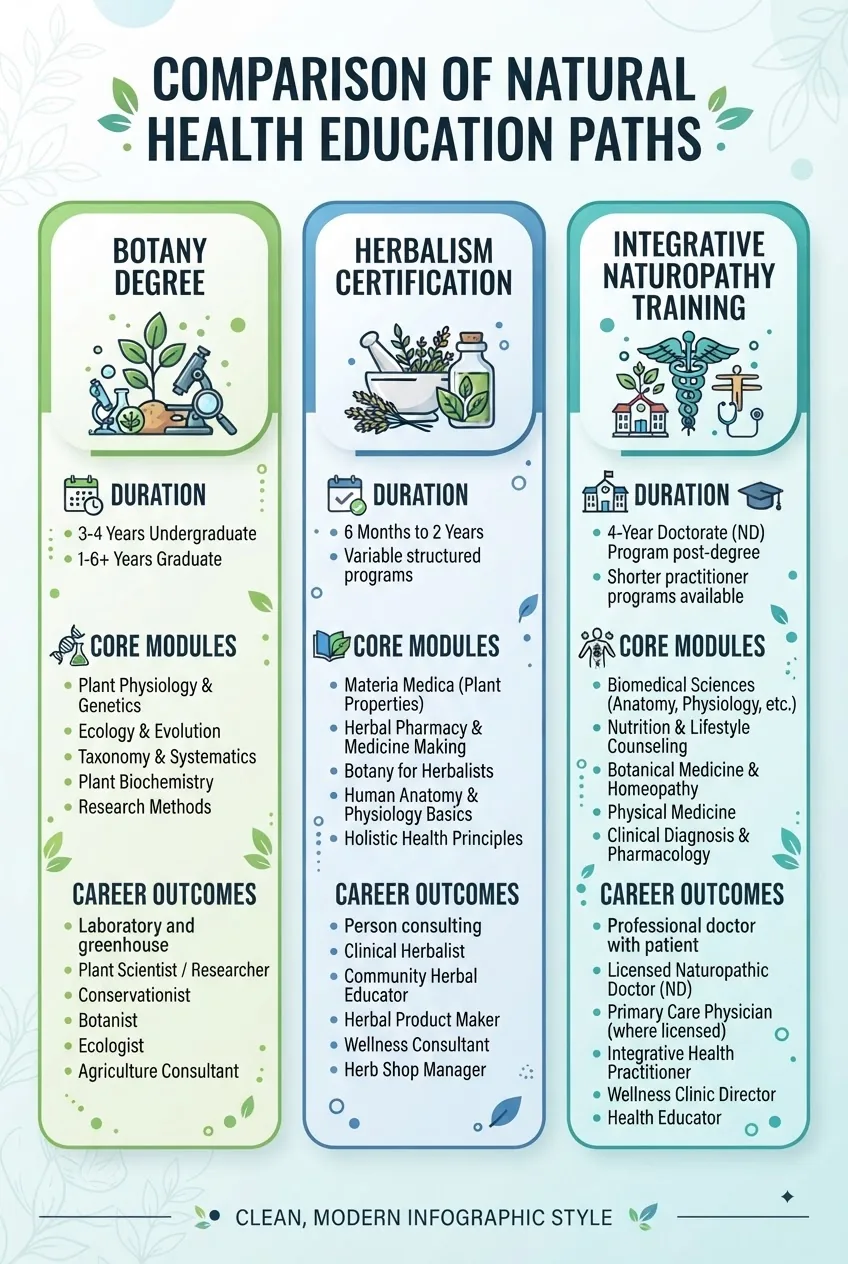 compares botany degrees, herbalism certifications, and integrative naturopathy training programs; three columns listing education type,