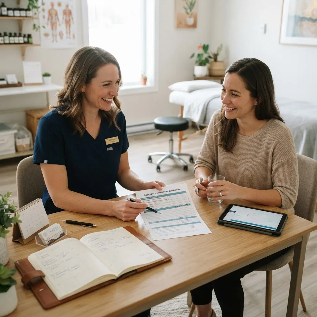 professional acupuncturist consulting with an adult client in a modern clinic setting, showing a friendly conversation about treatment