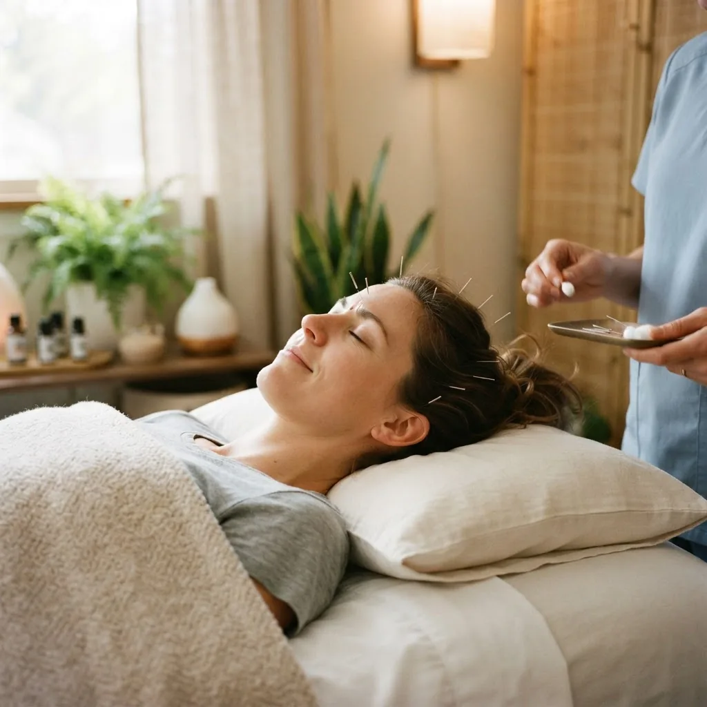 an acupuncture treatment in progress focused on head and shoulders, with a person lying relaxed in a softly lit treatment room featuring