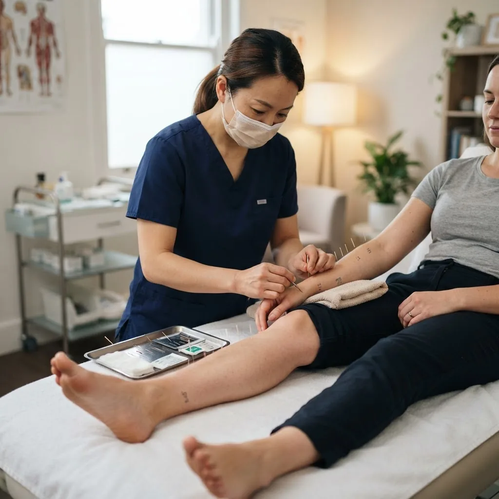 High-resolution photo of an acupuncturist inserting fine needles on a patient’s forearm and lower leg, clinical setting with neutral light,