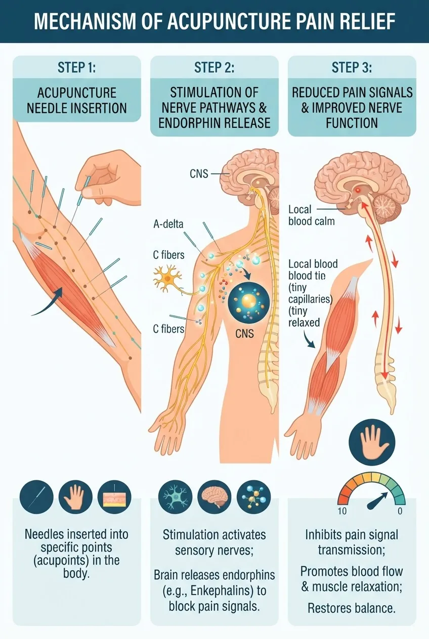 Infographic showing the mechanism of acupuncture pain relief: three horizontal sections illustrating (1) acupuncture needle insertion at