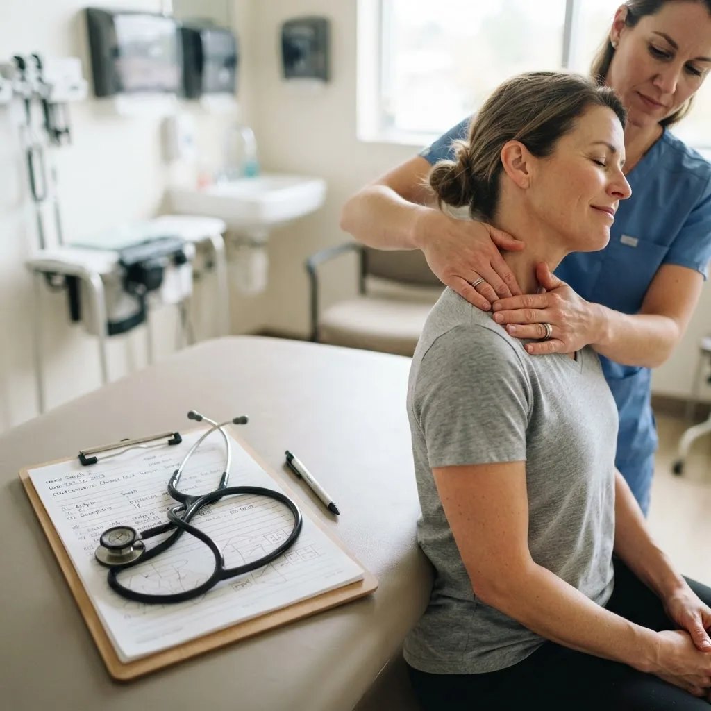 A doctor’s stethoscope resting on a clipboard with medical notes, alongside a close-up of hands gently massaging a shoulder, symbolizing