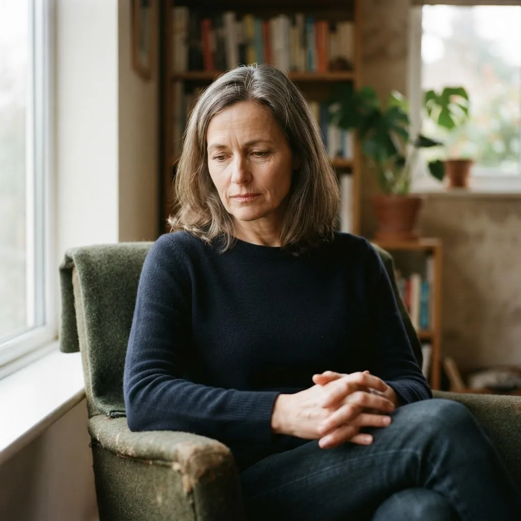 A close-up image of a thoughtful middle-aged adult sitting alone indoors with soft natural light, looking contemplative and slightly tense,