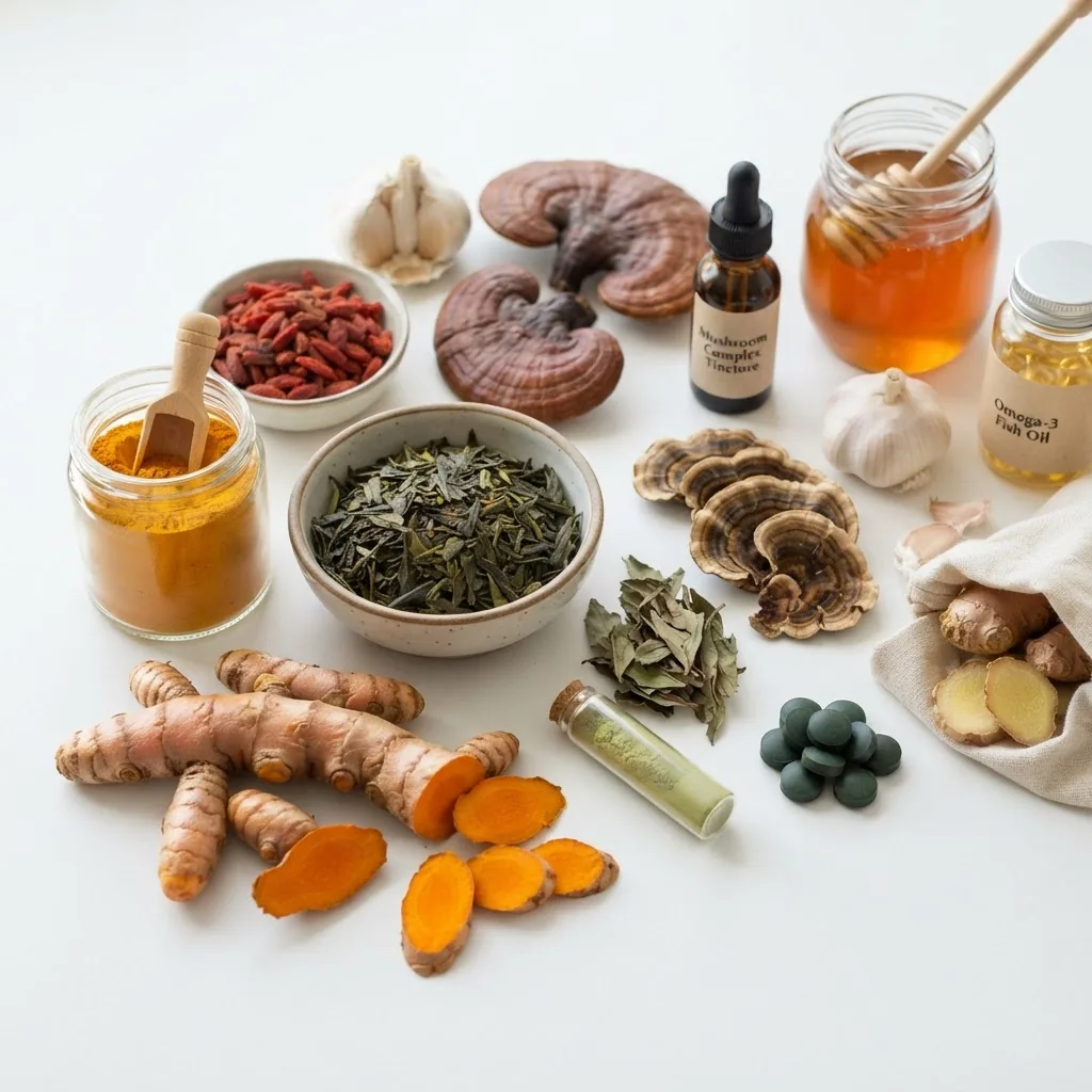 close-up of assorted natural supplements and medicinal plants on a clean white background, including turmeric root, green tea leaves, and