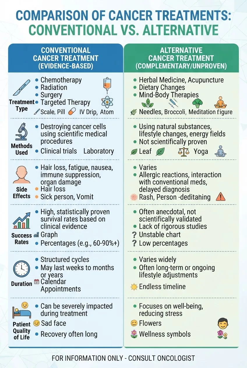 compares alternative and conventional cancer treatments in two columns: rows include treatment type, methods used, side effects, success
