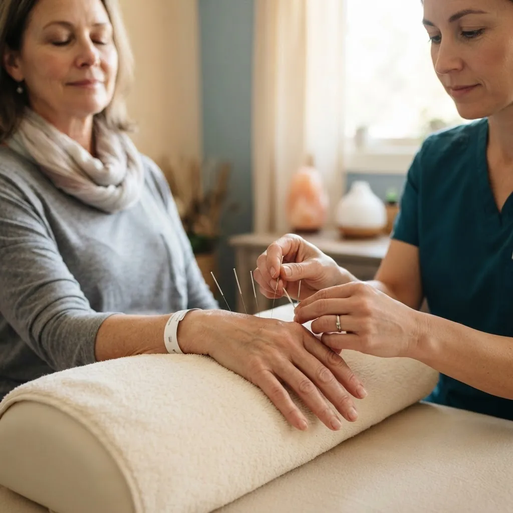 a patient receiving acupuncture therapy for cancer care in a serene room with soft lighting, gentle colors, highlighting hands and needles