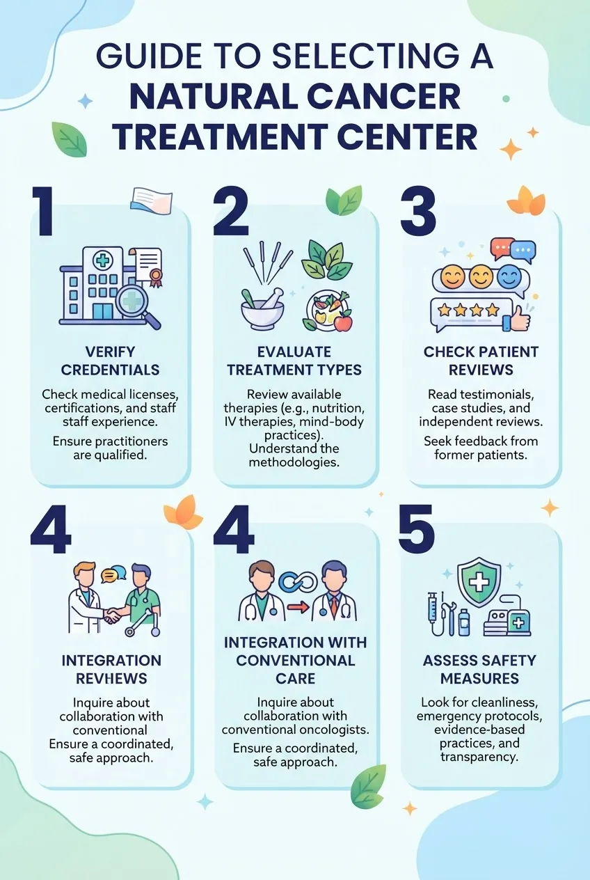 shows a step-by-step guide for selecting a natural cancer treatment center: 1. Verify credentials, 2. Evaluate treatment types, 3. Check