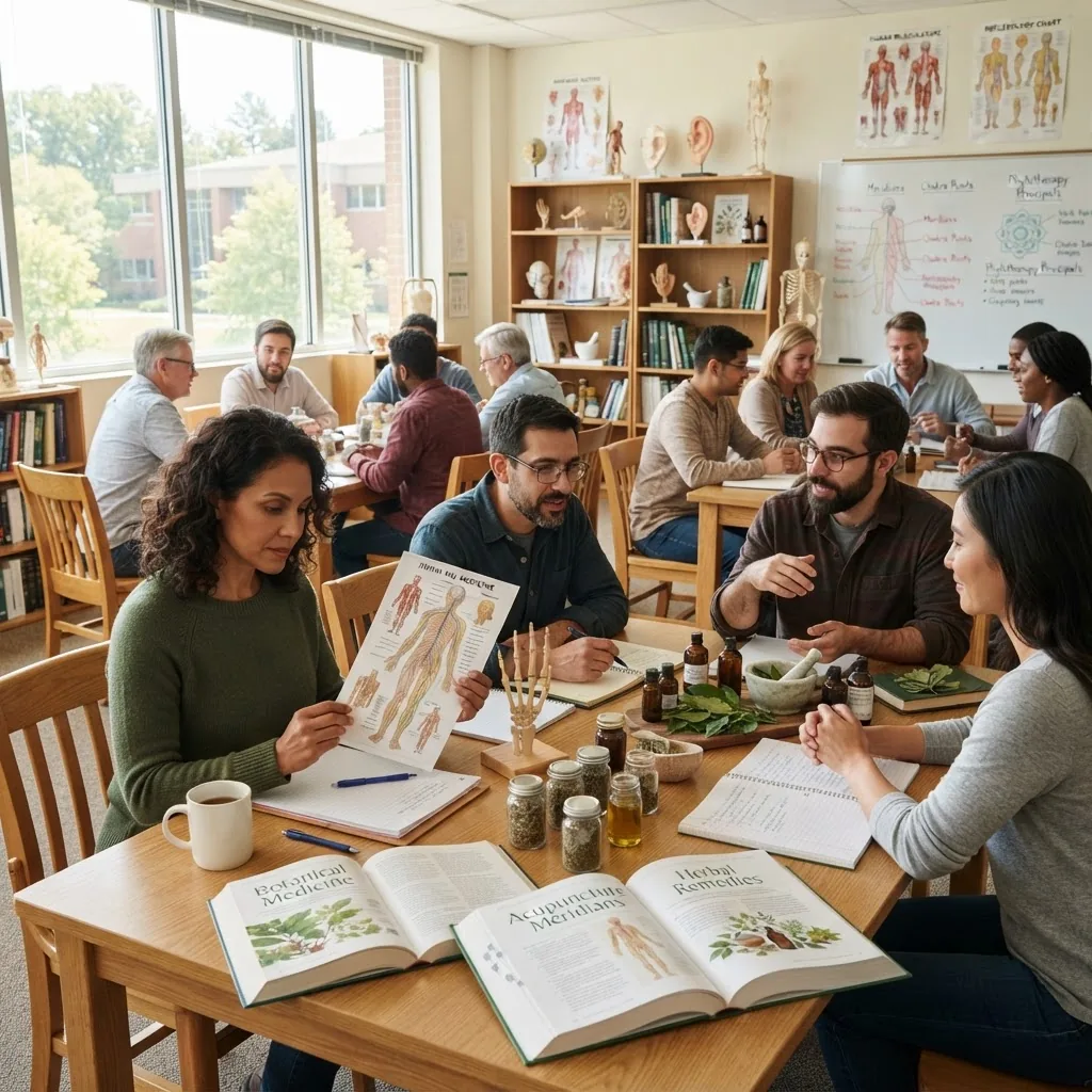 a university classroom setting with adult students engaged in an alternative medicine course, displaying books, anatomy charts, and natural