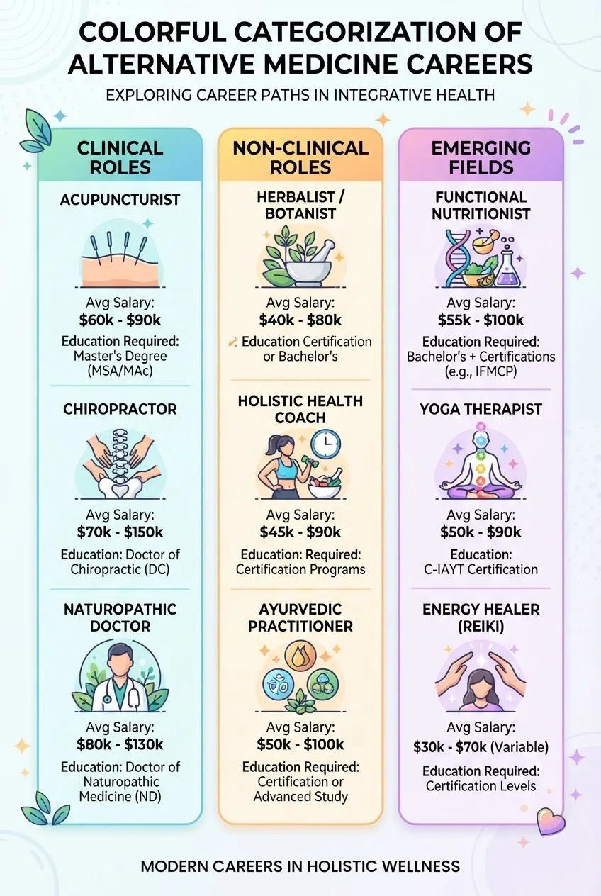 a colorful categorization of alternative medicine careers divided into Clinical Roles, Non-Clinical Roles, and Emerging Fields, each with 3
