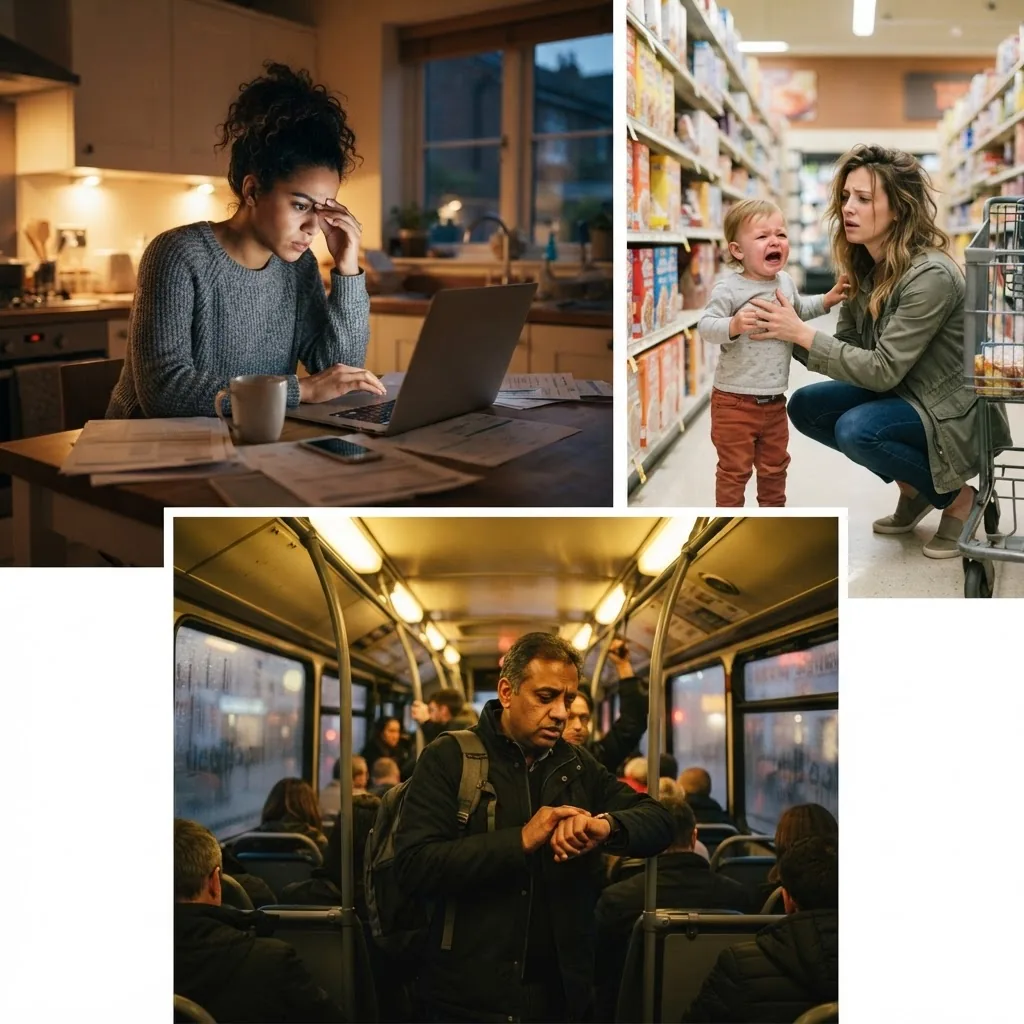 Lifestyle photo of a diverse group of people in various everyday stressful situations such as working on laptops, dealing with family, and
