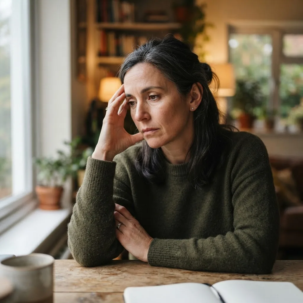 Close-up photo of a thoughtful adult looking contemplative indoors with natural light, illustrating someone reflecting on psychological