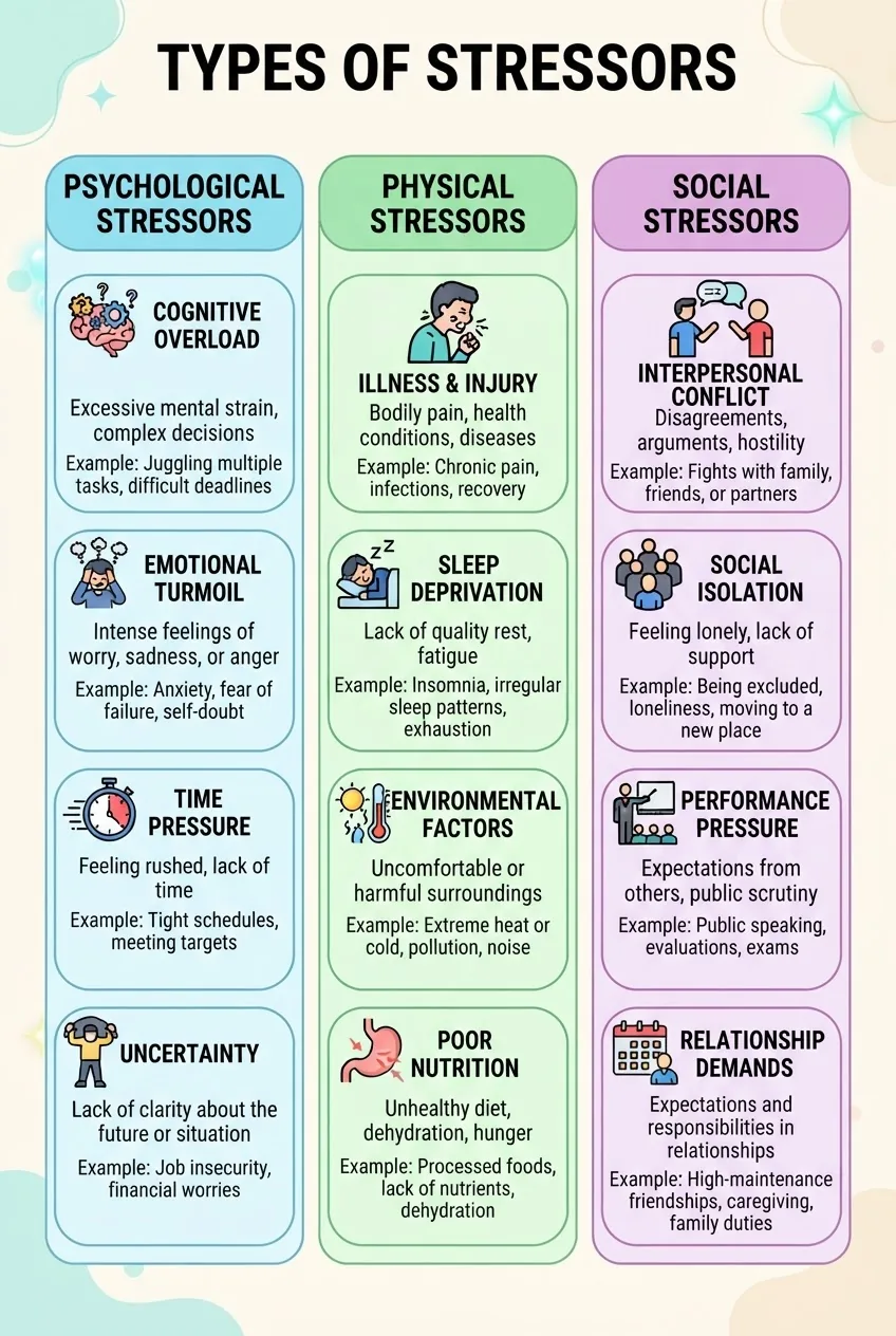 Infographic with three columns labeled Psychological, Physical, and Social stressors; each column includes 4 icons with short text