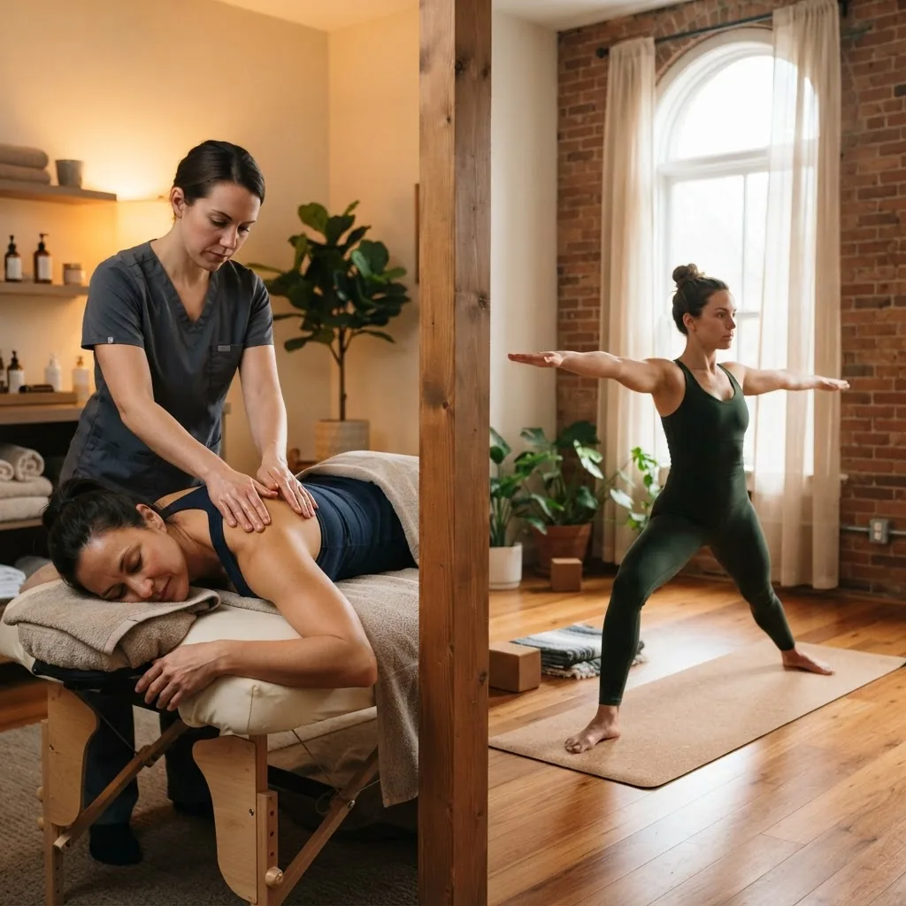 A side-by-side visual showing two therapy scenes: one a patient receiving massage therapy (complementary), the other practicing yoga