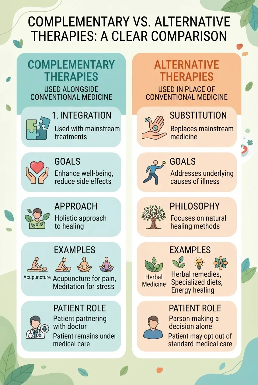 A clean infographic with two columns comparing "Complementary Therapies" and "Alternative Therapies," each with 5 key characteristics,