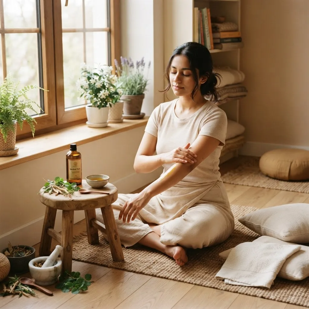 calm indoor home environment with a person preparing Ayurvedic herbs or performing gentle self-massage with oil, natural daylight filtering