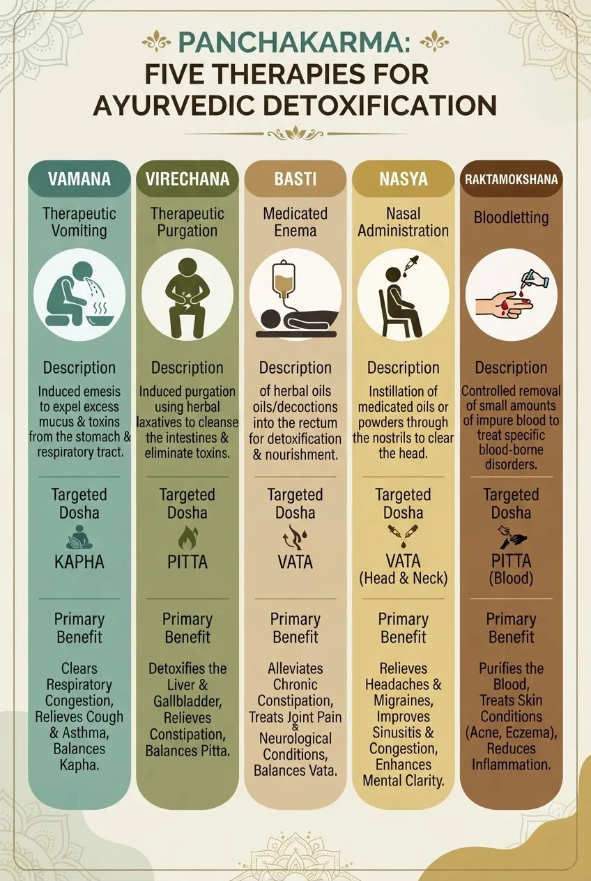 An infographic with five distinct columns, each representing one Panchakarma therapy (Vamana, Virechana, Basti, Nasya, Raktamokshana),