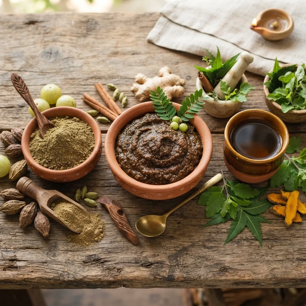 A vibrant arrangement of popular Ayurvedic herbal formulas in traditional clay bowls, showing Triphala powder, Chyawanprash paste, and