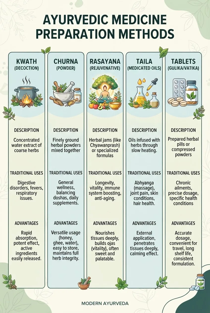An infographic chart illustrating five Ayurvedic medicine preparation methods arranged horizontally: Kwath (decoction), Churna (powder),