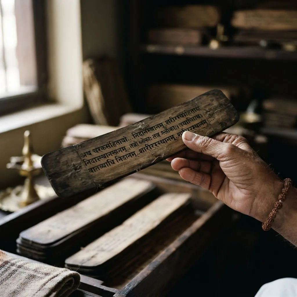 a hand holding a classical Ayurveda manuscript page showing Sanskrit text, traditional writing style with palm leaf or old paper texture,