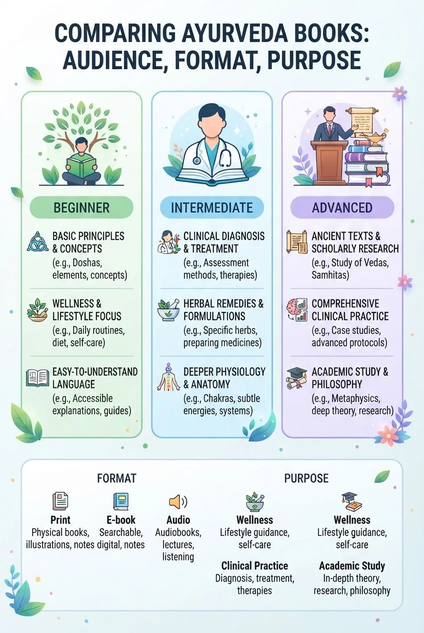 compares Ayurveda books by audience level (Beginner, Intermediate, Advanced), format (Print, E-book, Audio), and purpose (Wellness,