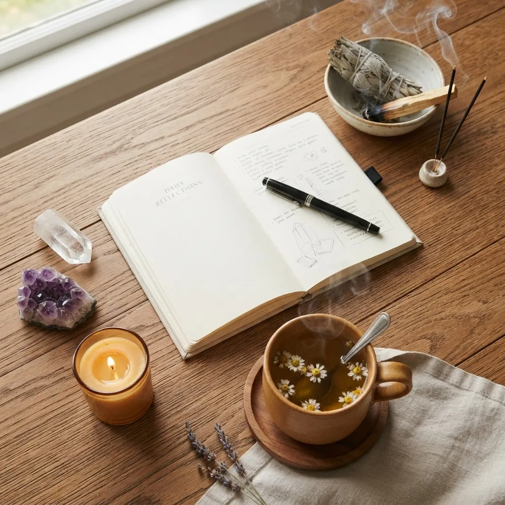 A flat lay of daily spiritual tools arranged neatly: a journal with pen, a small bowl of sage or incense sticks, a cup of herbal tea, a