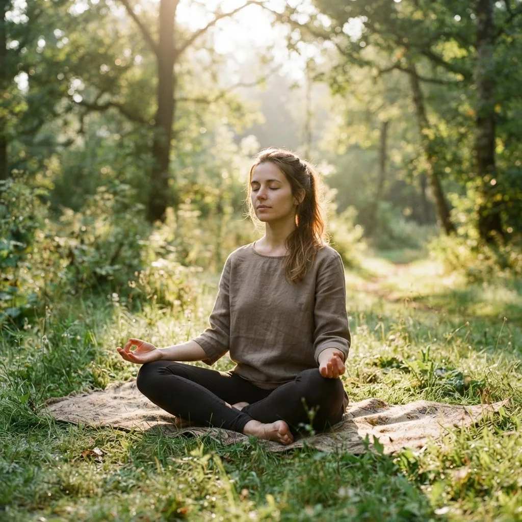A serene morning scene showing a person sitting cross-legged outdoors on grass, eyes closed in meditation, golden sunlight filtering