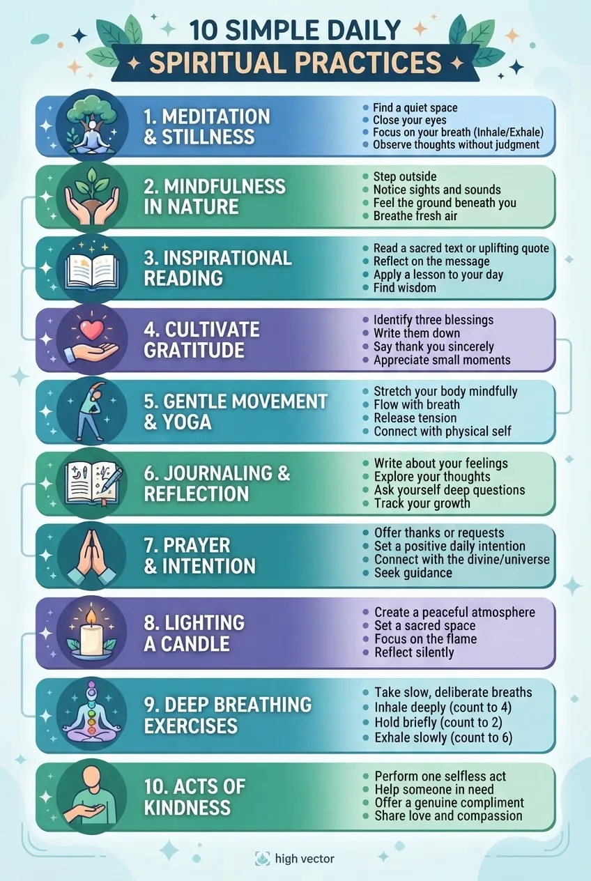 An infographic listing 10 simple daily spiritual practices in a vertical layout, each with an icon (e.g., meditation figure, heart for