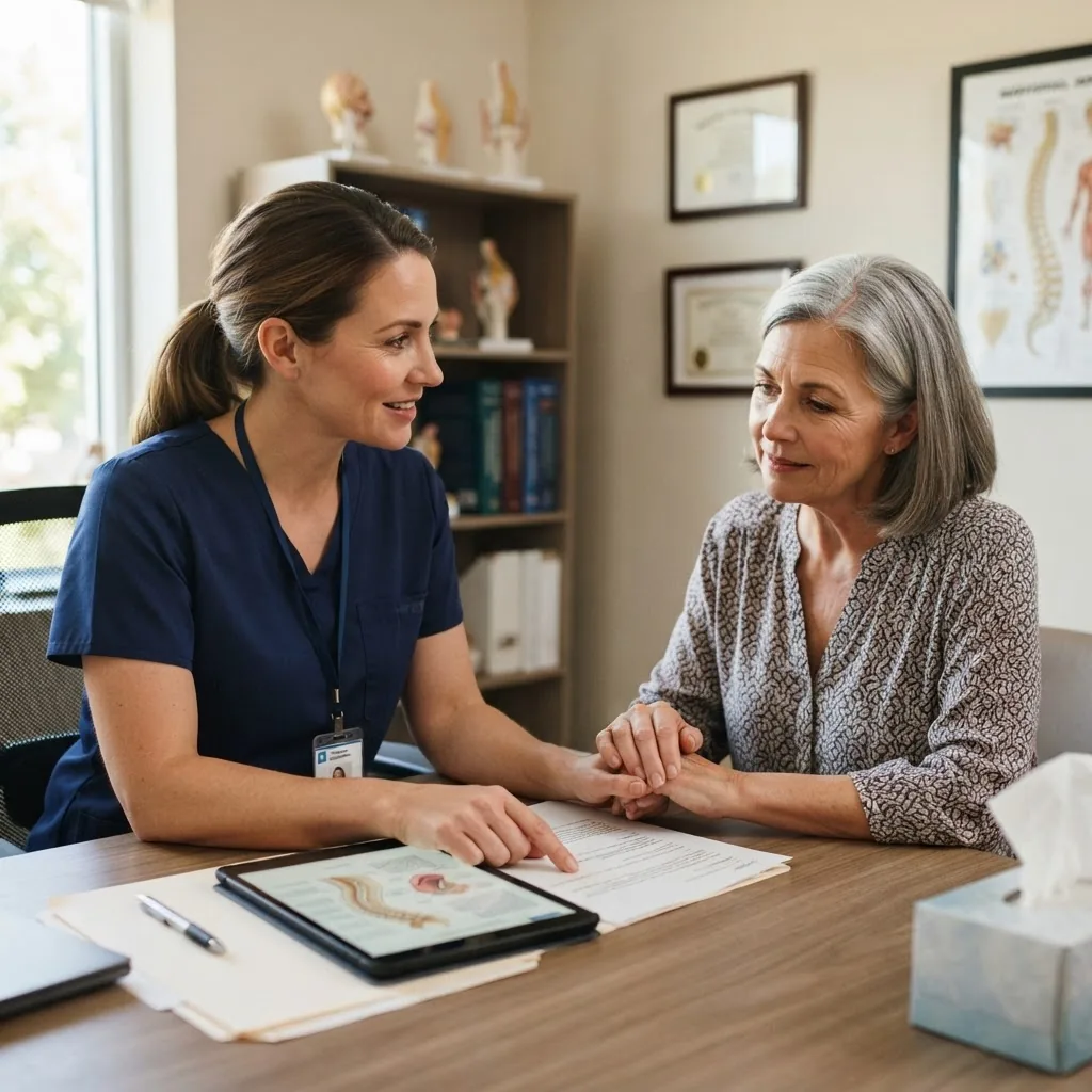 Photograph of a medical consultation scene, showing a healthcare practitioner explaining something serious to a patient, indoors with
