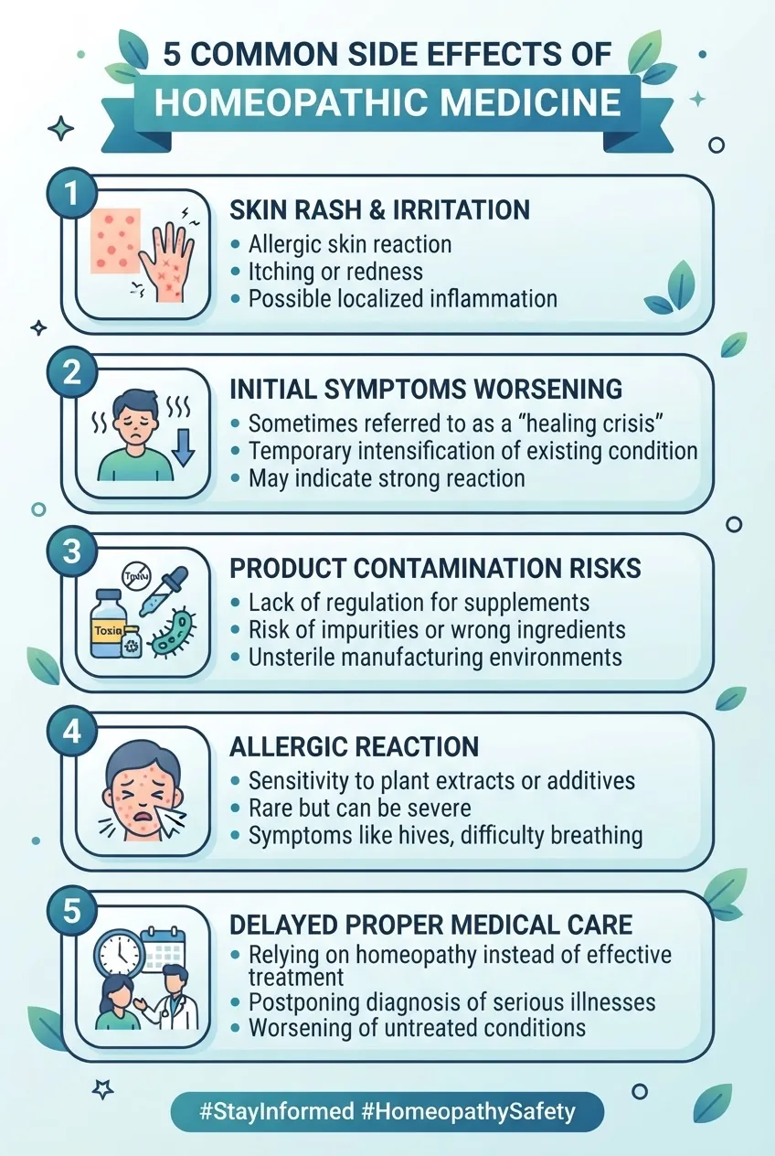 with a vertical list layout showing 5 common side effects of homeopathic medicine; each side effect has a simple icon (rash, symptoms