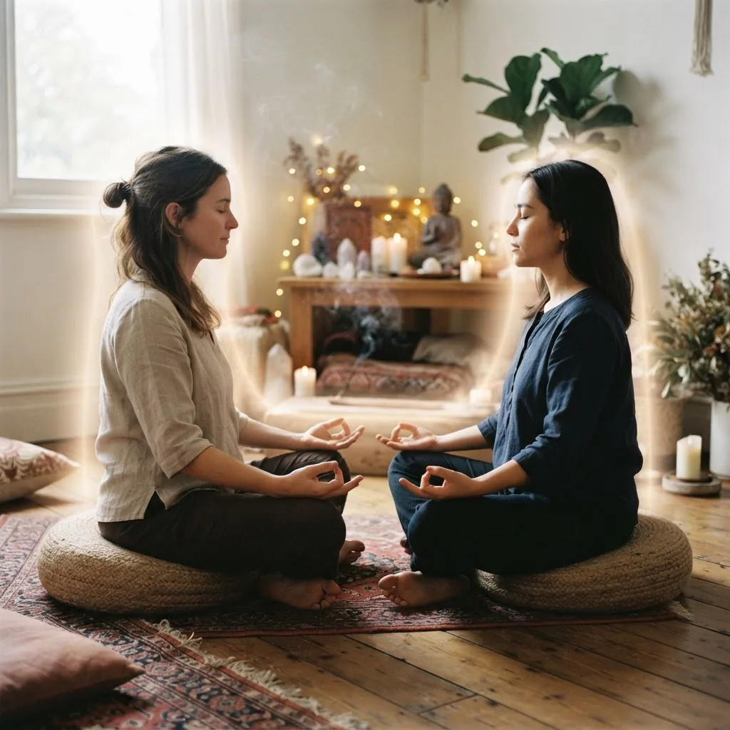 visually calm and intimate scene showing two individuals sitting cross-legged facing each other in meditation posture, eyes closed, with a
