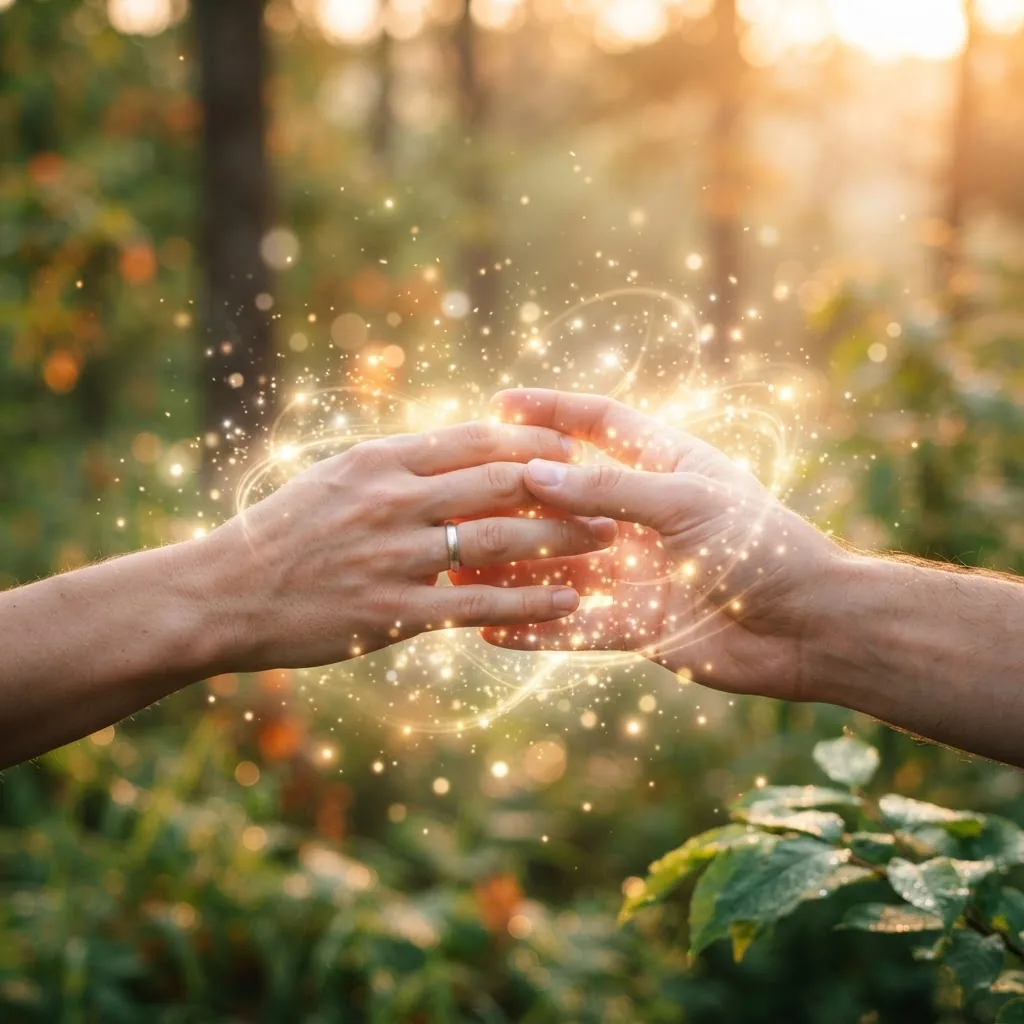 serene close-up of two hands touching gently surrounded by soft, glowing light particles symbolizing an ethereal energy connection, set in