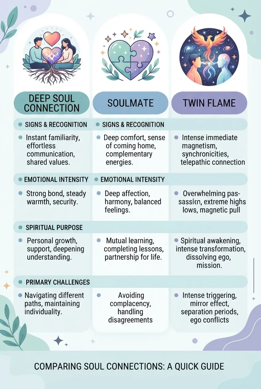 A horizontal infographic with three columns comparing "Deep Soul Connection," "Soulmate," and "Twin Flame," each column featuring an icon