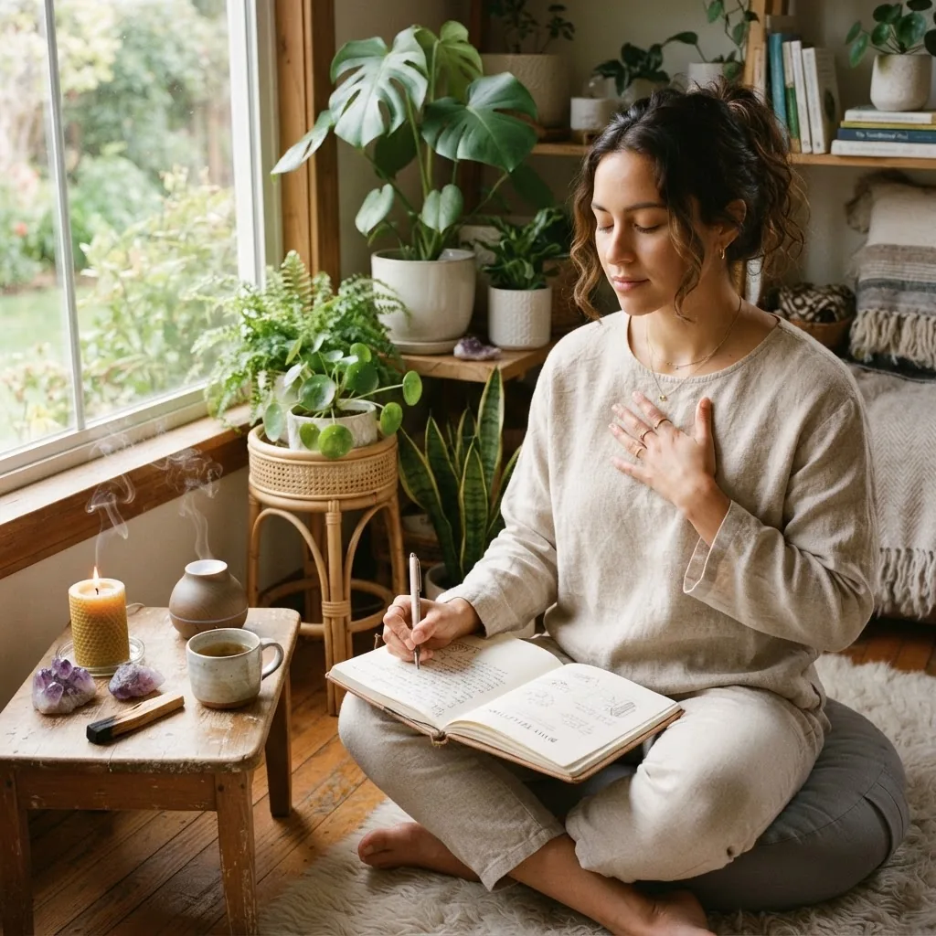 Close-up of a person journaling and meditating at home in a bright, peaceful room surrounded by plants and wellness items, natural light