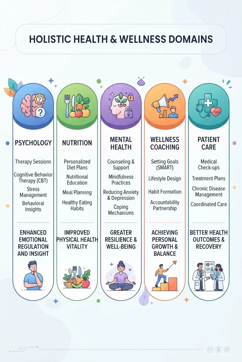 with five columns, each representing a domain (psychology, nutrition, mental health, wellness coaching, patient care), each column includes
