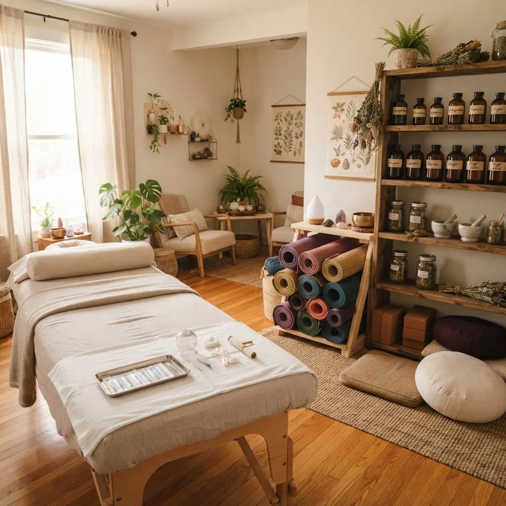Photo of a calm wellness room showcasing multiple integrative therapy setups: acupuncture needles on a treatment table, herbal medicine