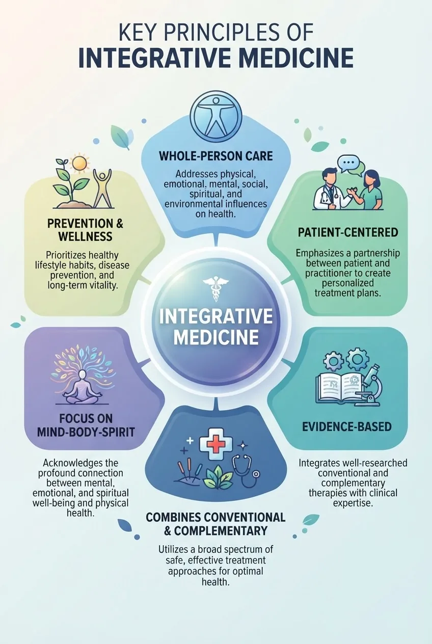 features a central circle titled “Integrative Medicine” connected to surrounding segments labeled “Whole-Person Care,” “Patient-Centered,”