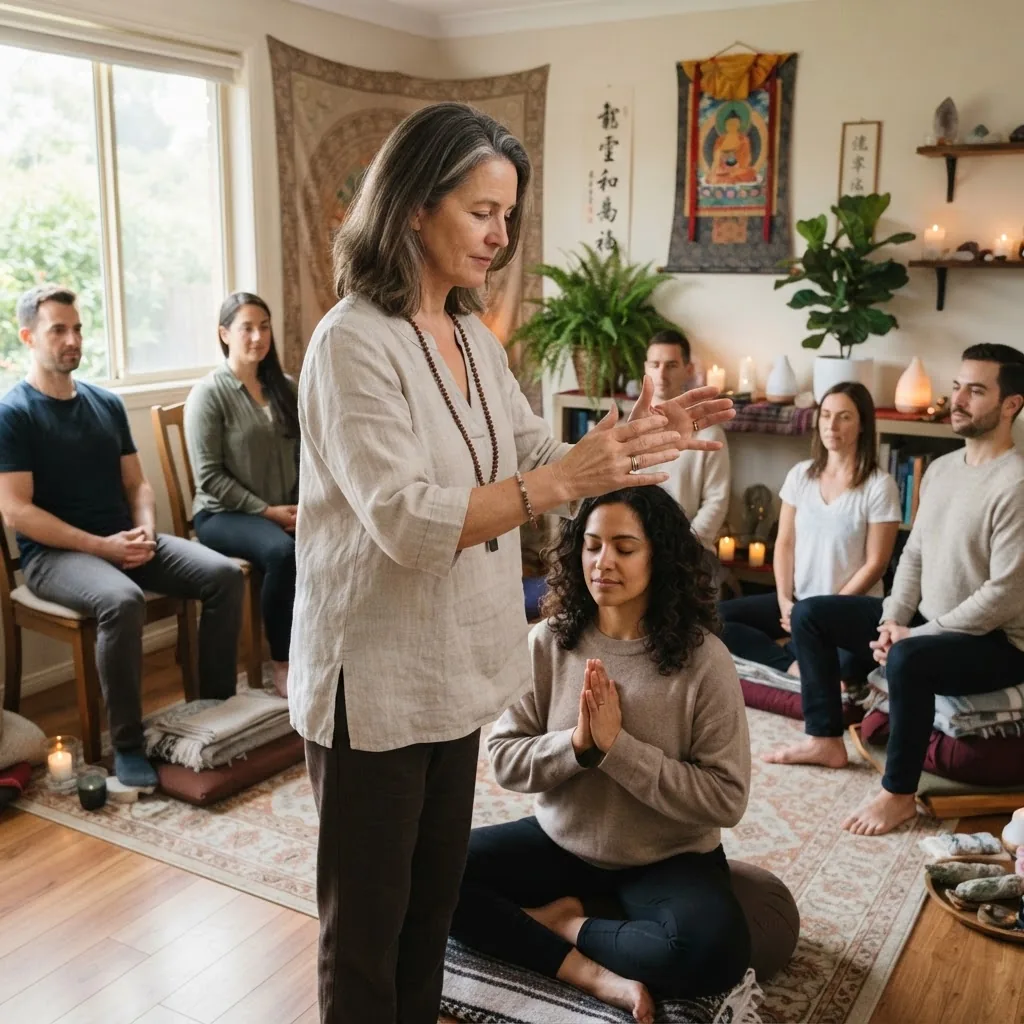 A classroom or small workshop environment showing a Reiki Master instructor conducting an attunement session with attentive students,