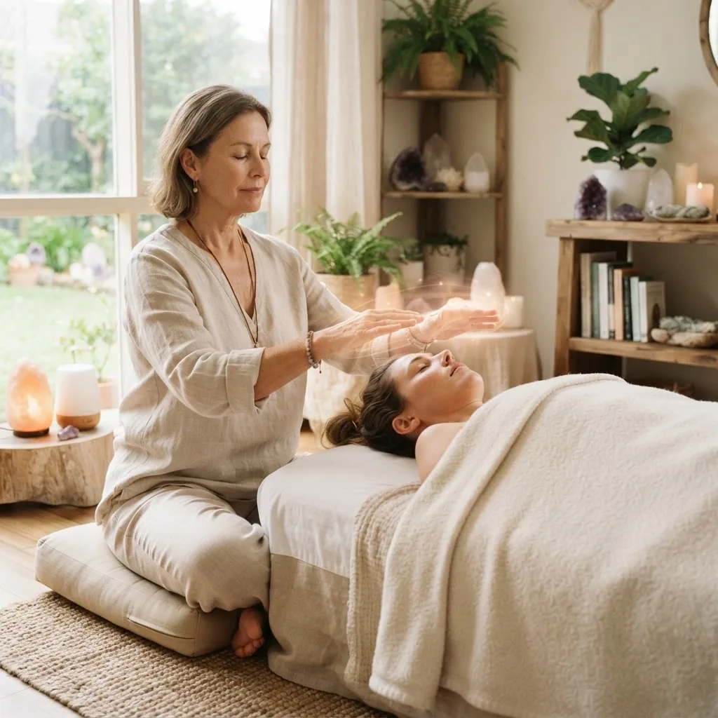 A serene setting with a calm, meditative Reiki practitioner dressed in light clothing, seated indoors practicing energy healing with hands