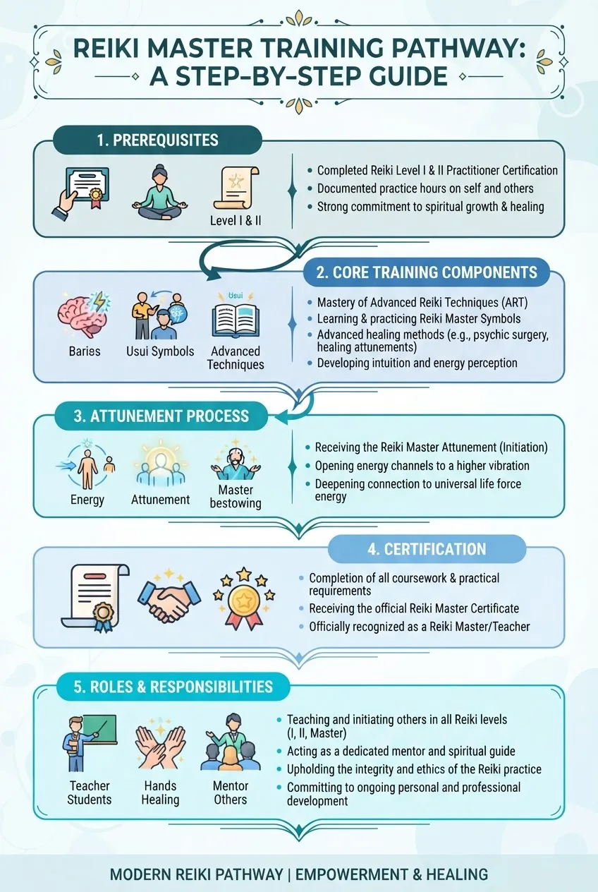 A clear step-by-step vertical infographic illustrating the Reiki Master training pathway: Starting from ‘Prerequisites’ with icons,