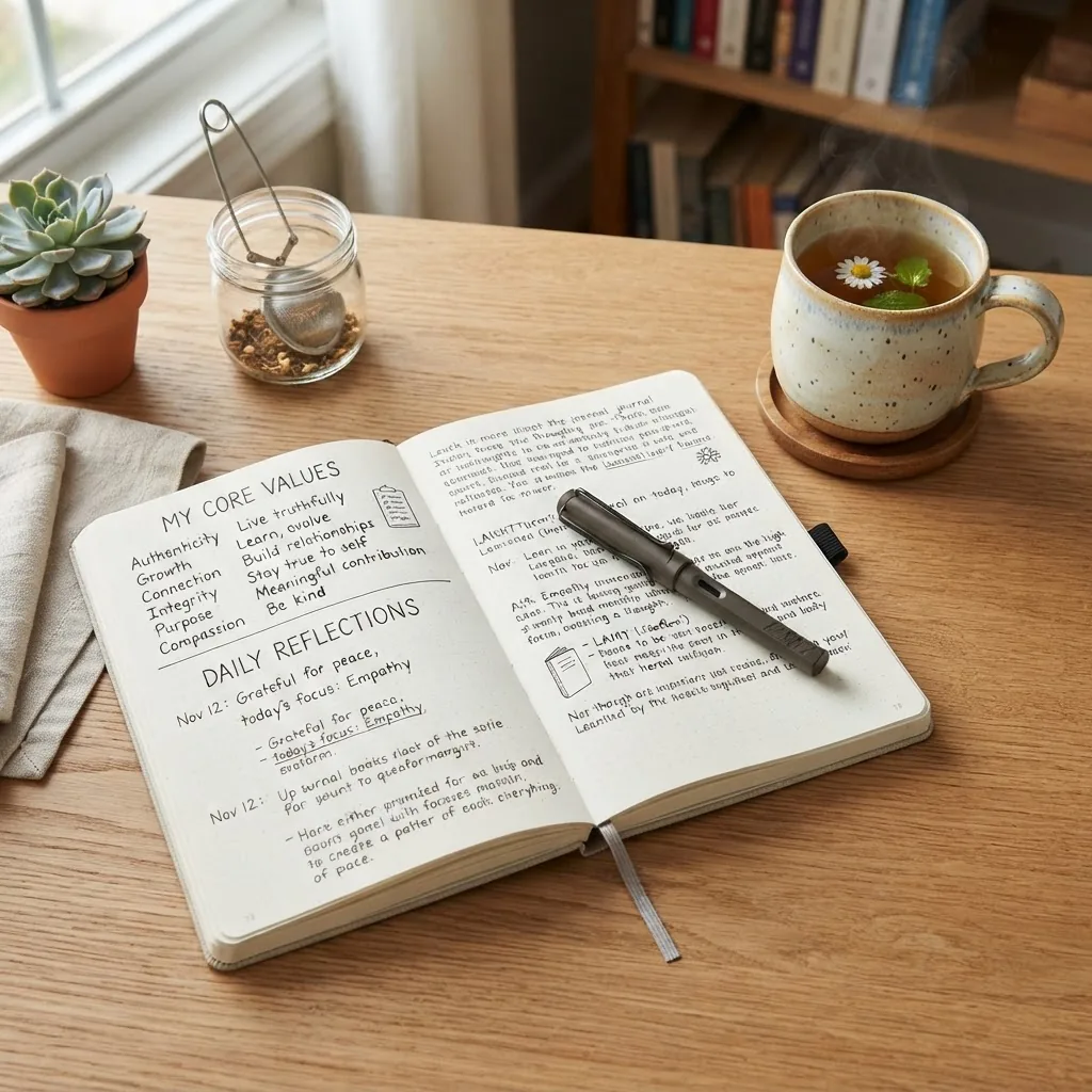 Overhead shot of a desk with an open journal, a pen, a list of values written out, and a cup of herbal tea, highlighting quiet personal